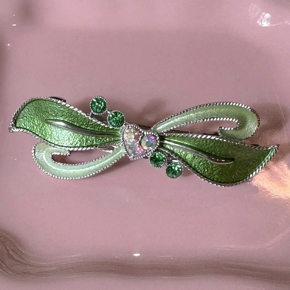 Light Green Enamel and Crystal Bow & Heart Hair Barrette